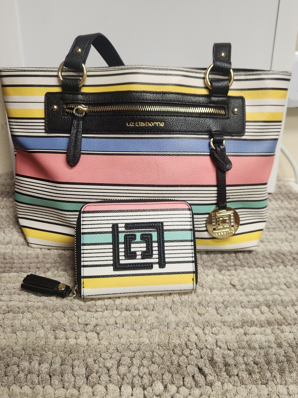 Liz Claiborne Striped Multi-Color Tote Bag with Matching Wallet